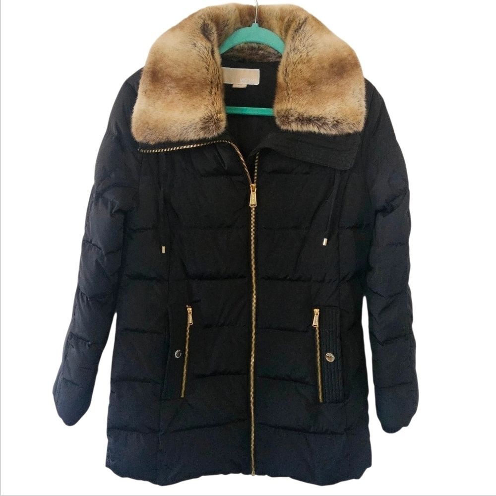 Michael Kors Black Coat with Gold Accents, Down Filling, And Faux Fur Collar.